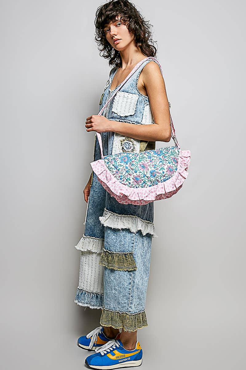Half Moon Quilted Floral Ruffle Crossbody Bag