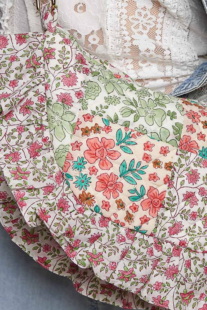 Half Moon Quilted Floral Ruffle Crossbody Bag