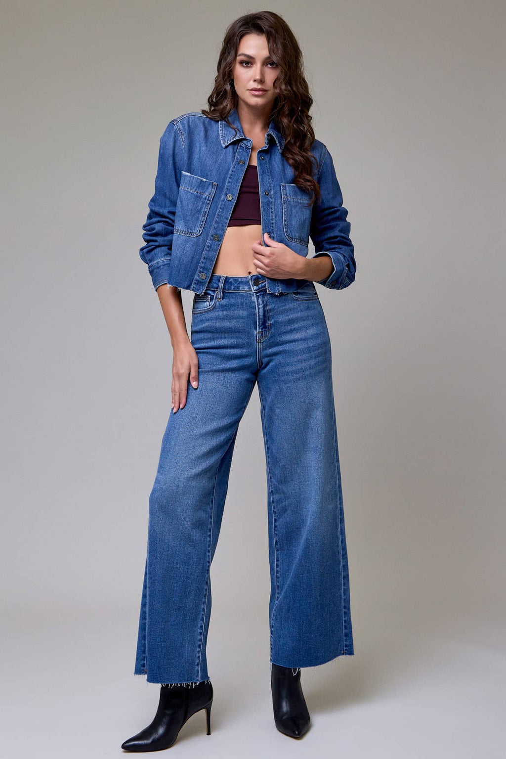 Medium Wash Cropped Denim Shirt