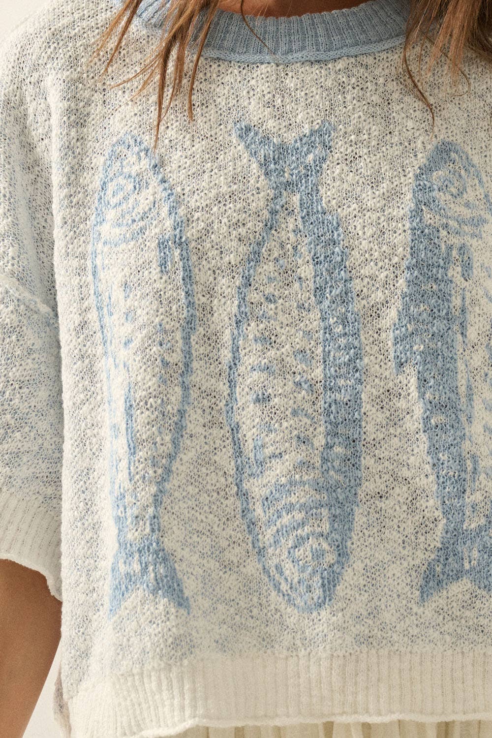 Three Fishes Textured Jacquard-Knit Short-Sleeve Sweater