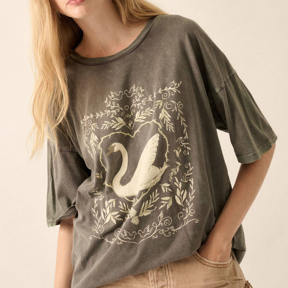 Ornate Swan Vintage-Wash Oversize Graphic Tee