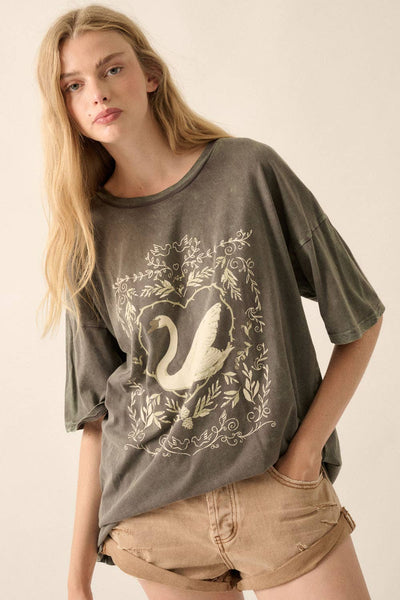 Ornate Swan Vintage-Wash Oversize Graphic Tee