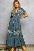 Embroidery Ruffle Neck Loop Cotton Denim V-neck Long Dress