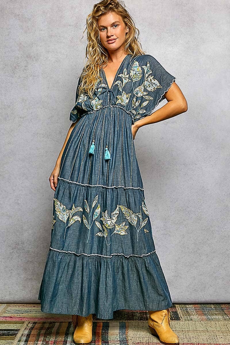Embroidery Ruffle Neck Loop Cotton Denim V-neck Long Dress