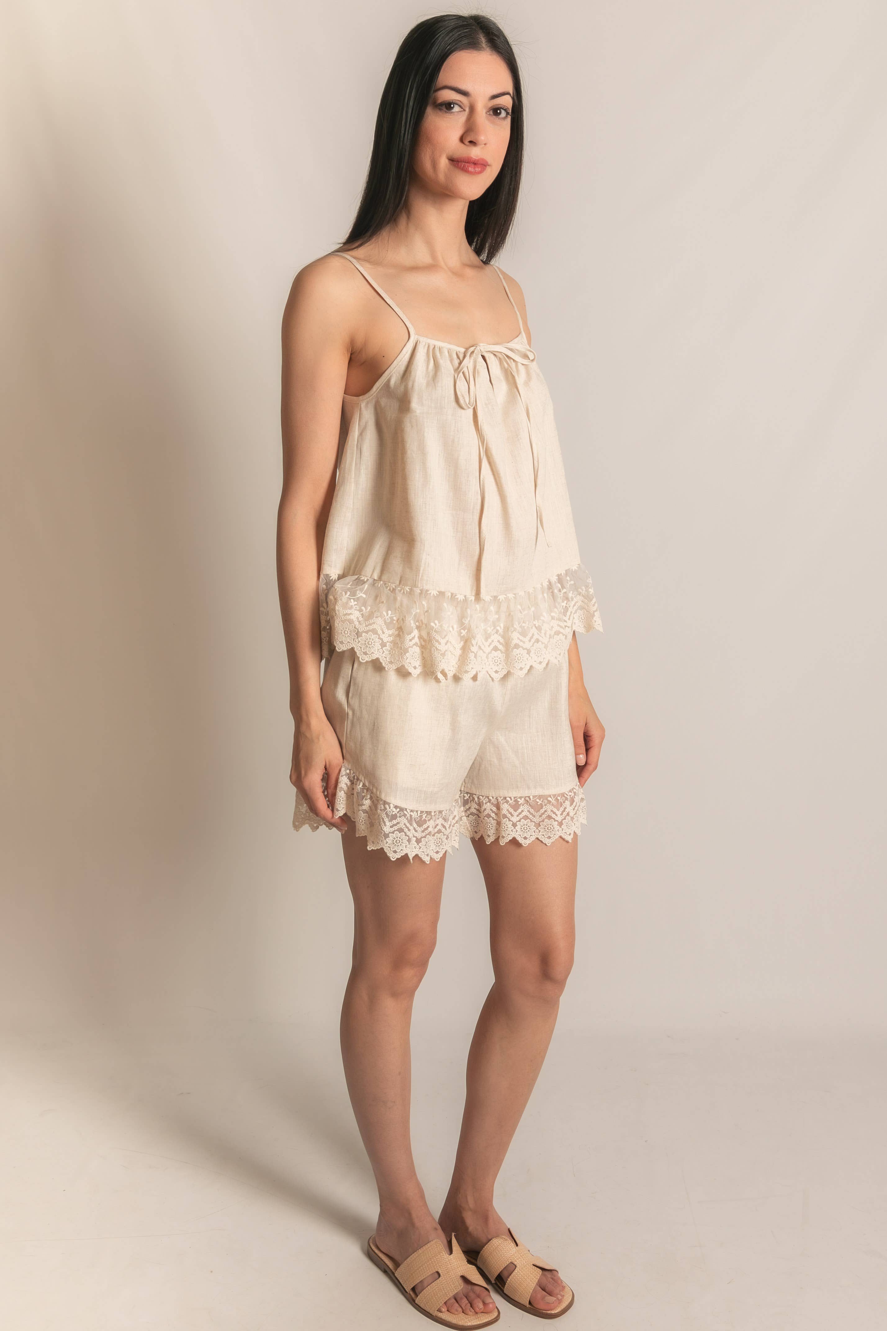 P.CILL Linen Shorts with Lace Contrast