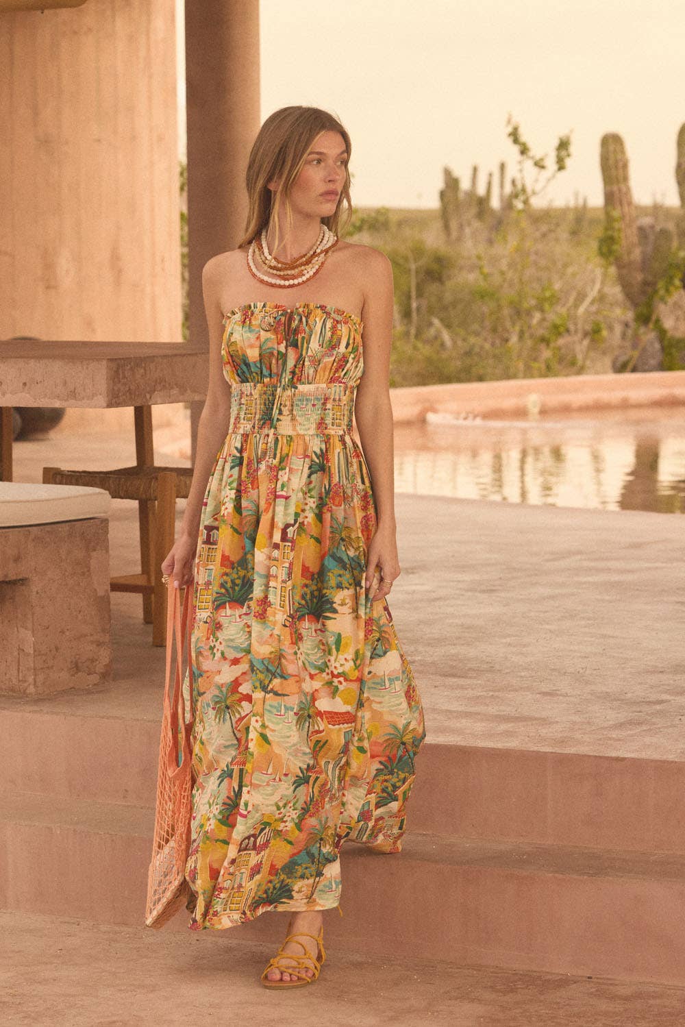 Tropical Landscape-Print Strapless Gathered Maxi Dress