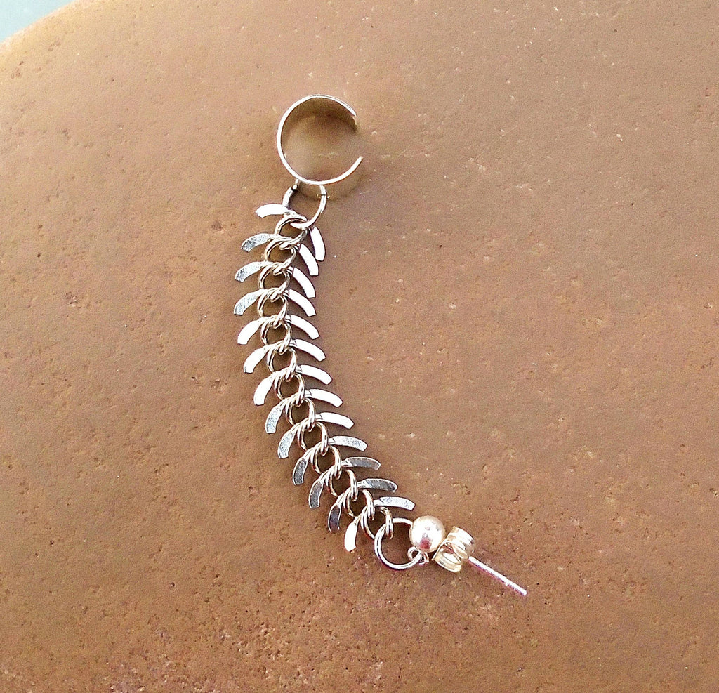 Silver Fishbone Chain Ear Cuff: Sterling Ball Post Earring
