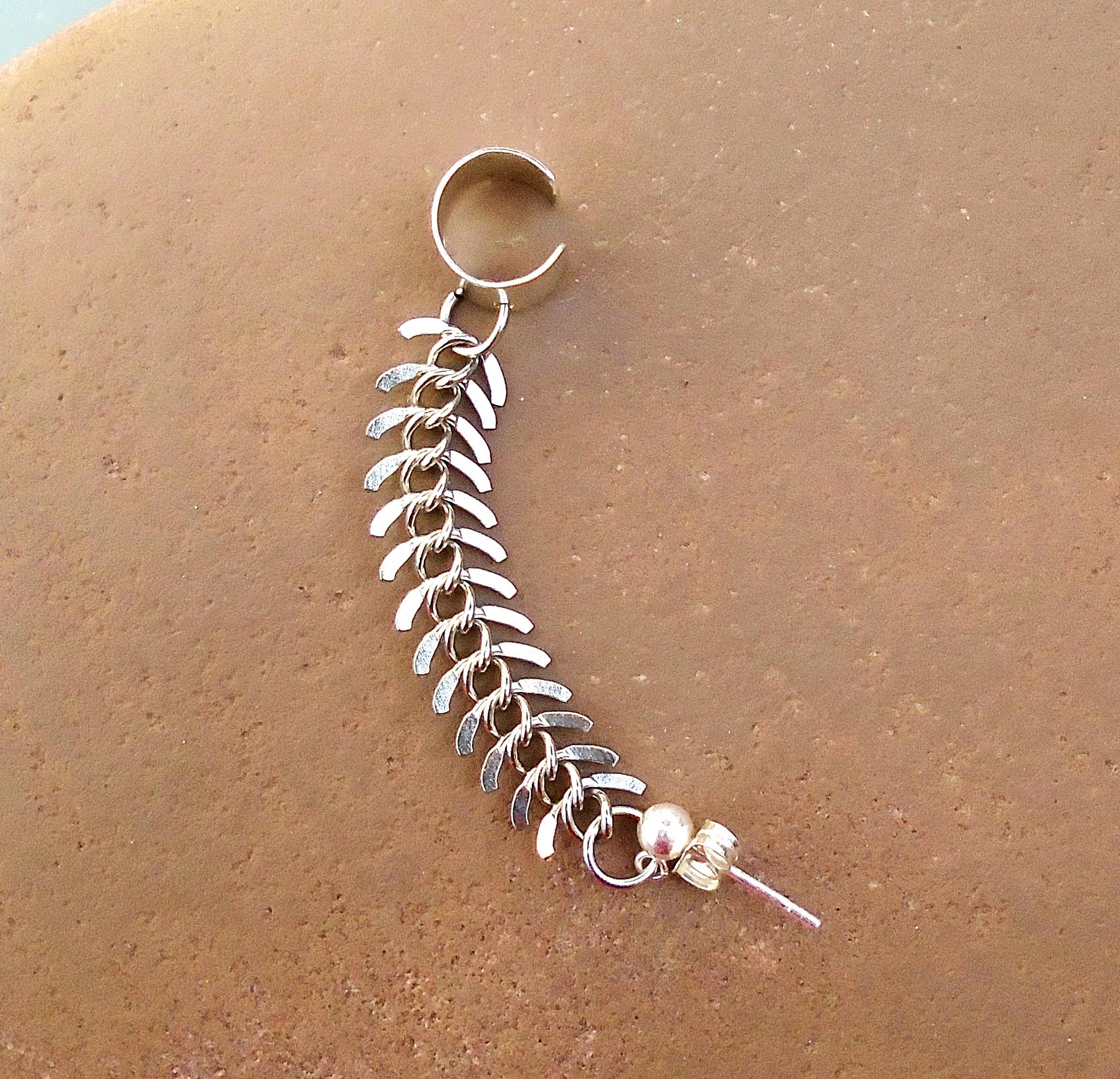Silver Fishbone Chain Ear Cuff: Sterling Ball Post Earring