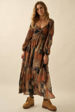 Abstract-Print Velvet-Trimmed V-Neck Maxi Dress