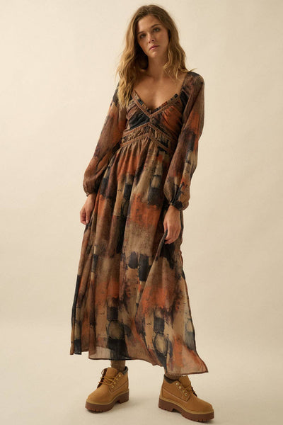 Abstract-Print Velvet-Trimmed V-Neck Maxi Dress
