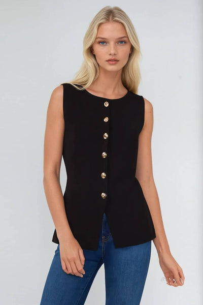 June SLEEVELESS FINE KNIT GOLD BUTTON PEPLUM TOP
