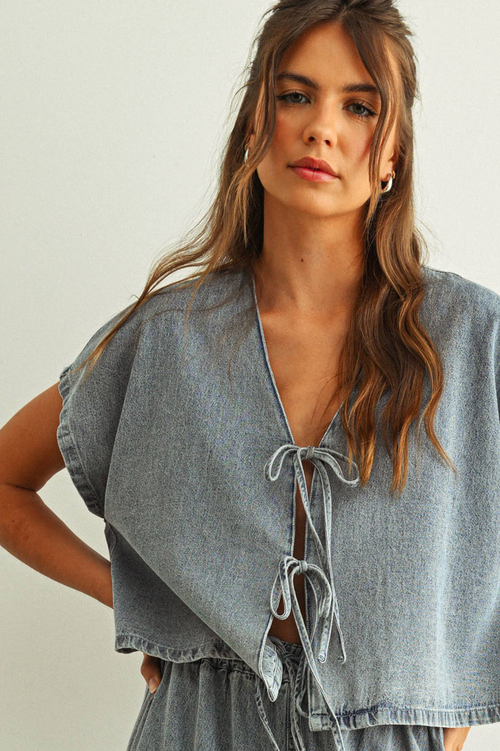 DENIM TIED FRONT BLOUSE