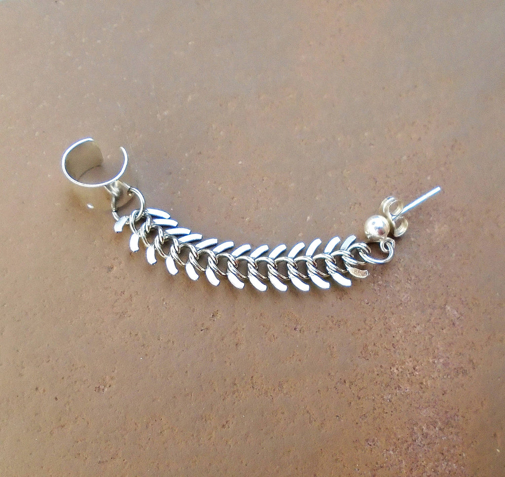 Silver Fishbone Chain Ear Cuff: Sterling Ball Post Earring