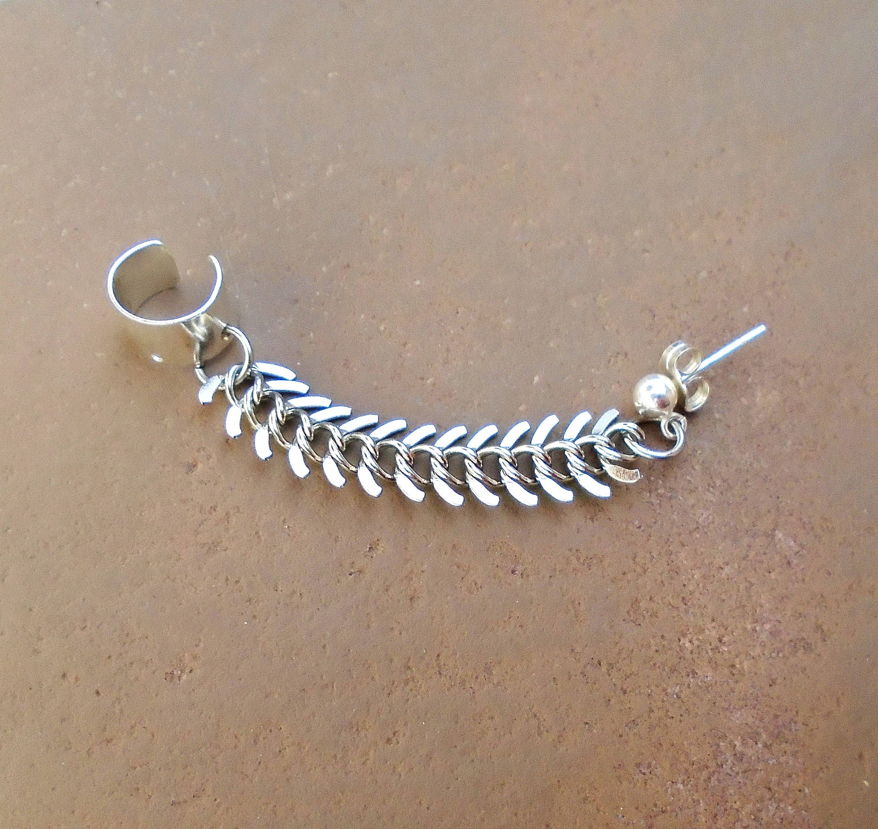 Silver Fishbone Chain Ear Cuff: Sterling Ball Post Earring