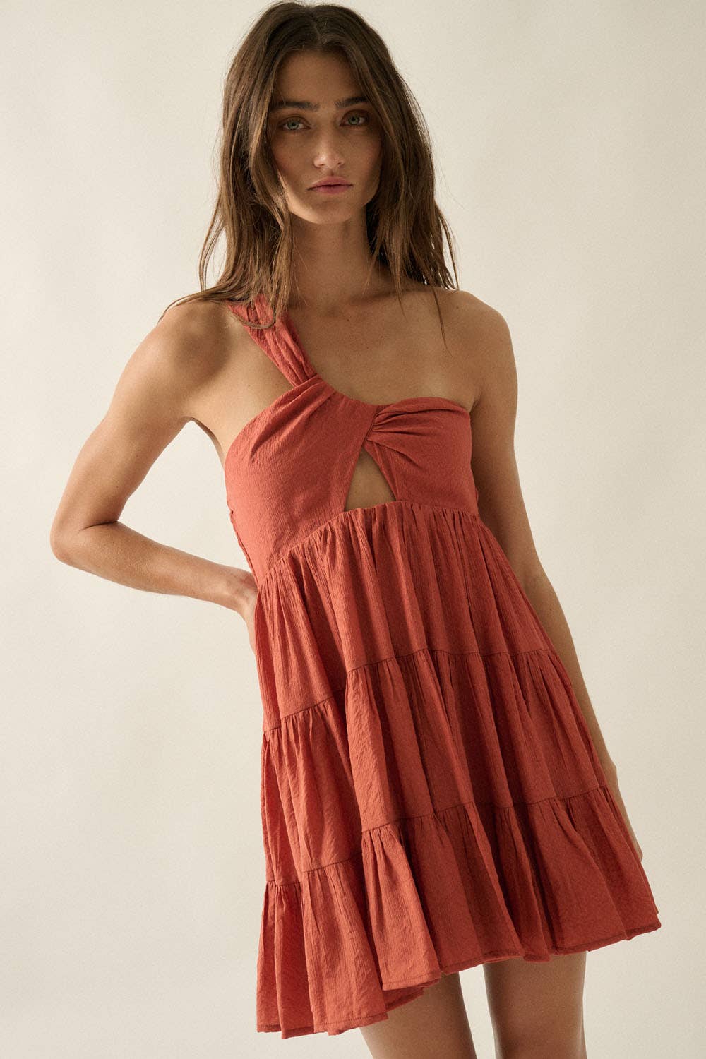 Jacquard Asymmetrical One-Shoulder Tiered Keyhole Mini Dress
