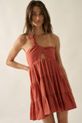 Jacquard Asymmetrical One-Shoulder Tiered Keyhole Mini Dress