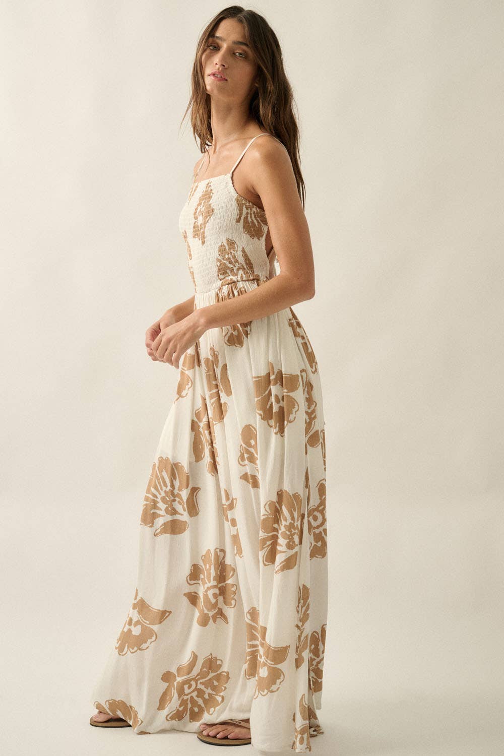 Floral-Print Smocked Open-Back Maxi Dress