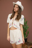 Floral Embroidery Crop Tie Blouse