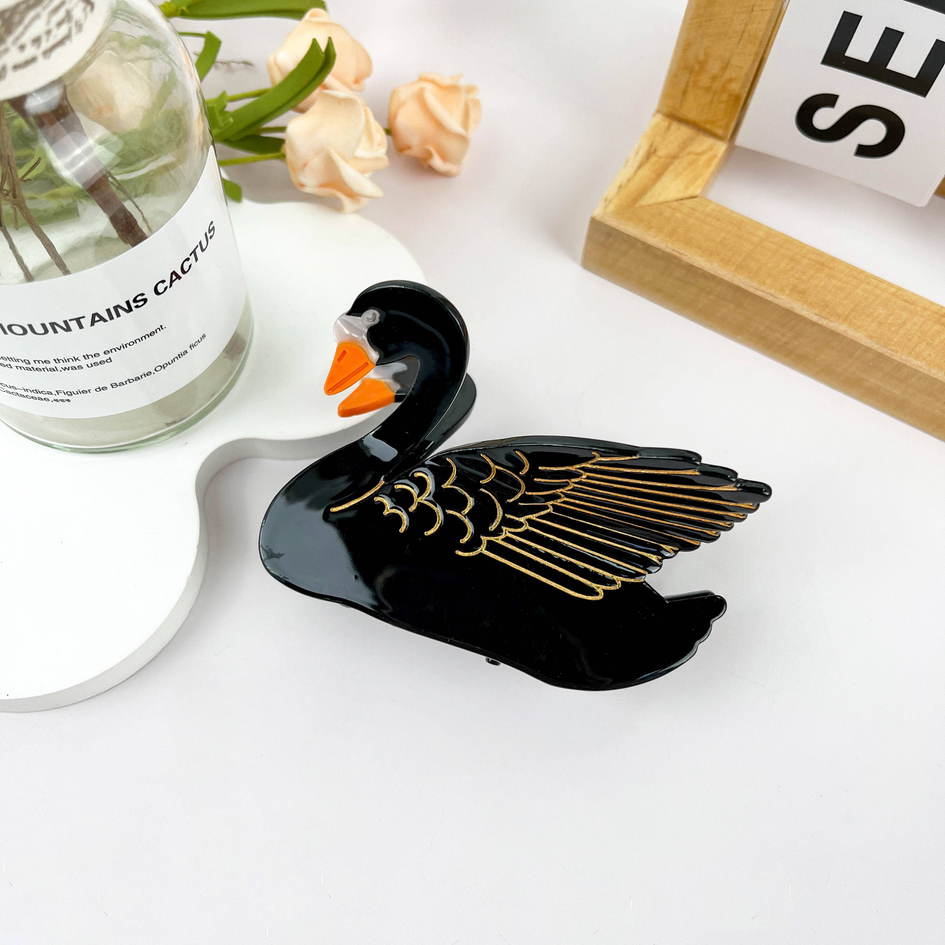 Black and white swan hair clip, animal hair claw clip