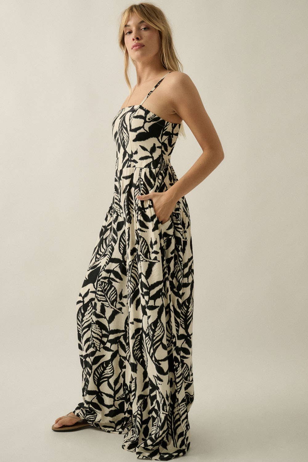 Tropical-Print Wide-Leg Pocket Cami Jumpsuit