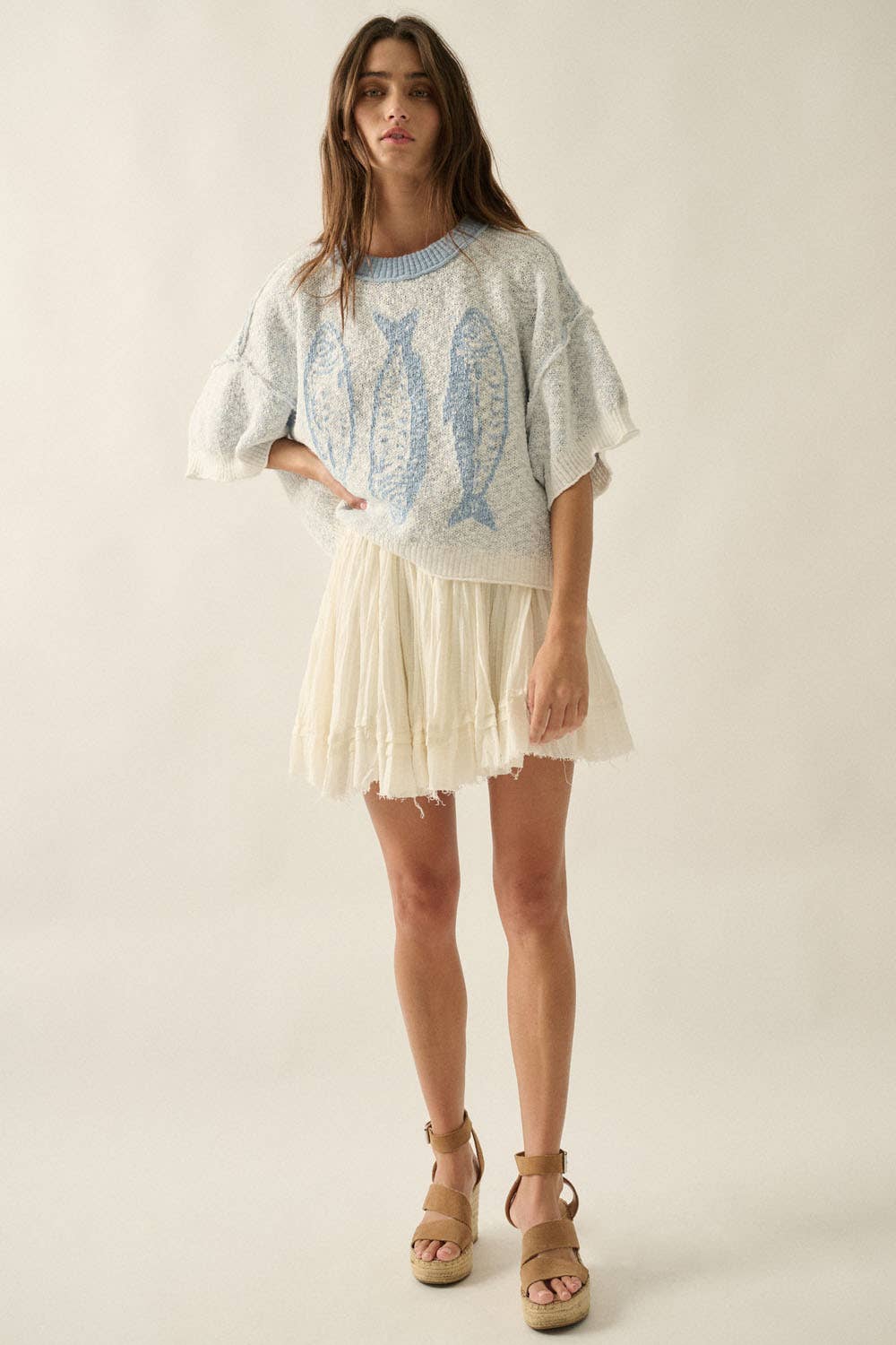 Three Fishes Textured Jacquard-Knit Short-Sleeve Sweater