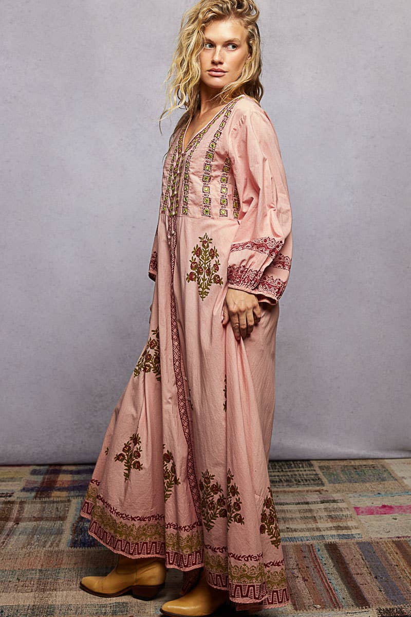 Embroidered Floral Print V-Neck Balloon Sleeve Maxi Dress