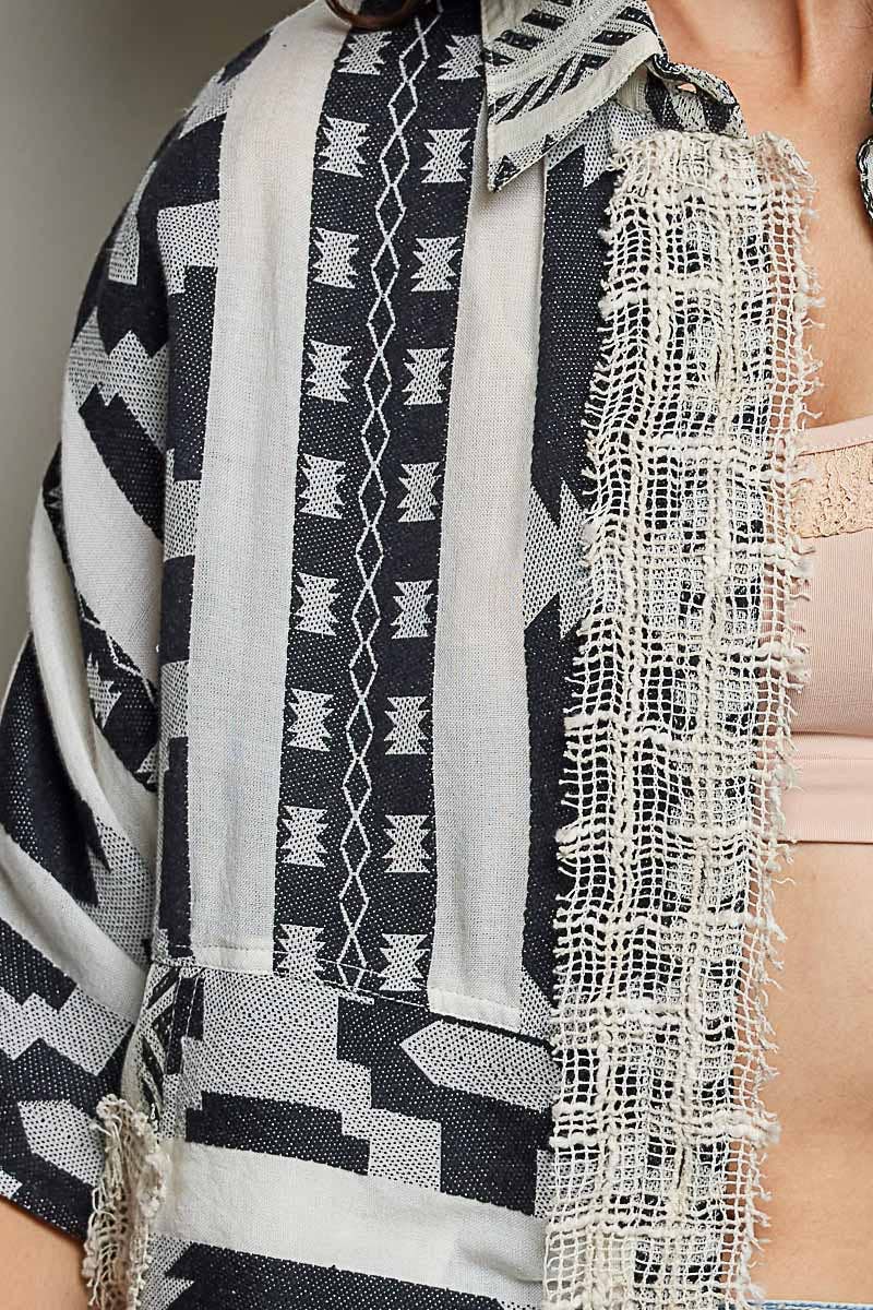 Raw Edge Paneled Oversized Button-Down Shirt