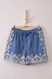 Washed Chambray Embroidered Shorts