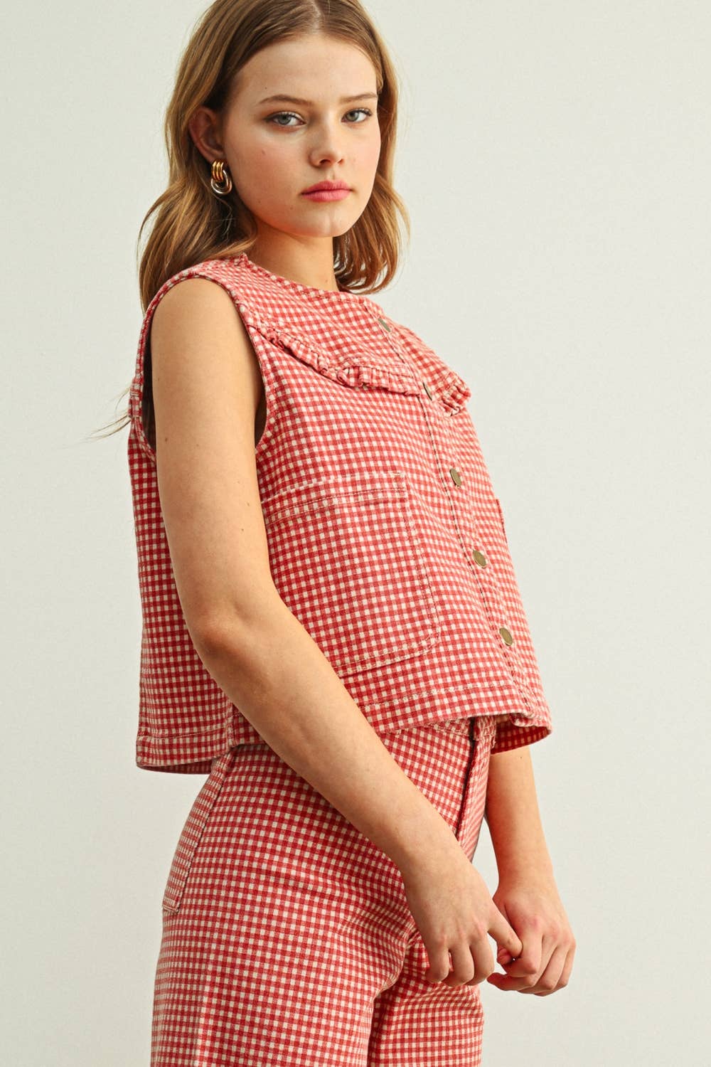J6362ST GINGHAM PRINTED BUTTON FRONT VEST