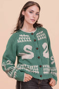12W3463N-Oversized Graphic Casual Knit Sweater Cardigan