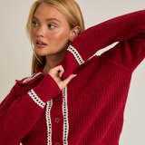 Close-up of Scalloped Collar Sweater Cardigan showcasing lace trim detail and vibrant red knit fabric.