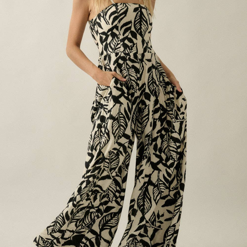 Tropical-Print Wide-Leg Pocket Cami Jumpsuit