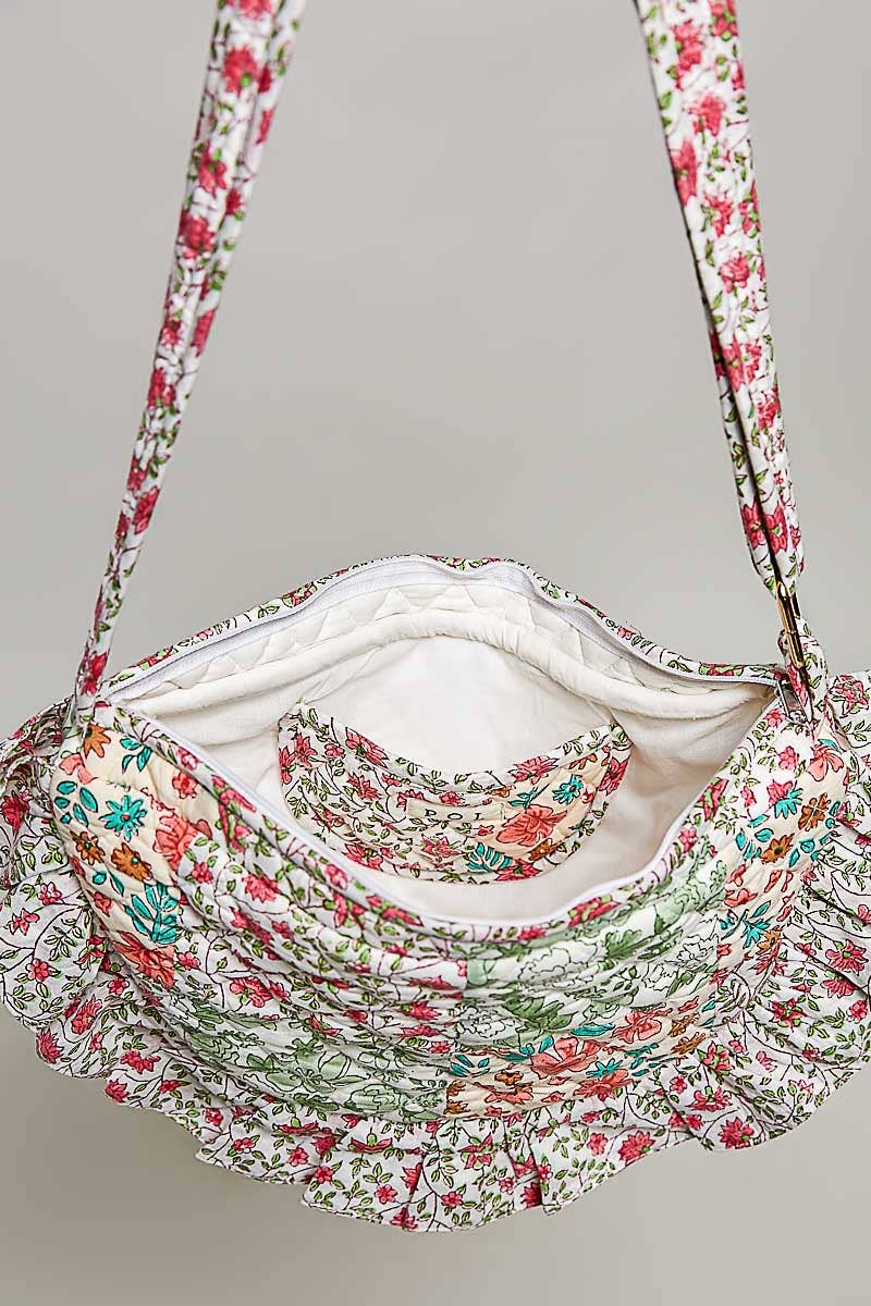 Half Moon Quilted Floral Ruffle Crossbody Bag