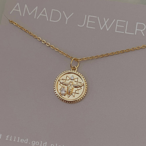 Coin Necklace 18k Gold Filled Gold Plated Honeybee Queen Bee