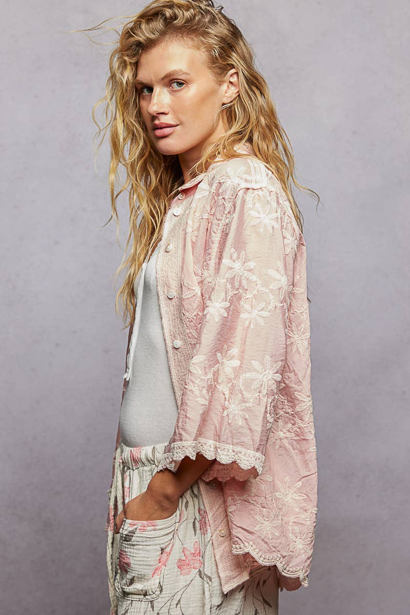 Scalloped Edges Embroidered Floral Half Sleeve Shirt