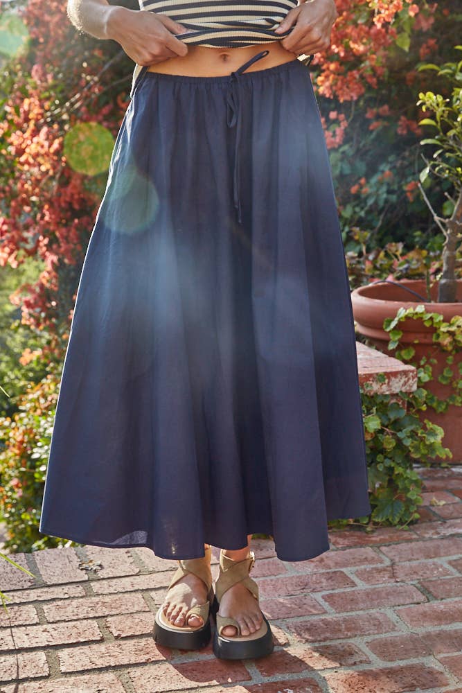 Cotton Drawstring Flare Midi Skirt
