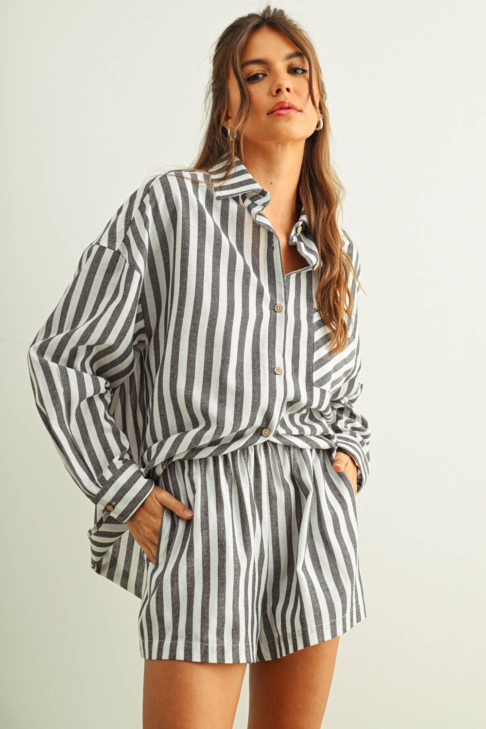 STRIPED BUTTON DOWN LINEN SHIRT