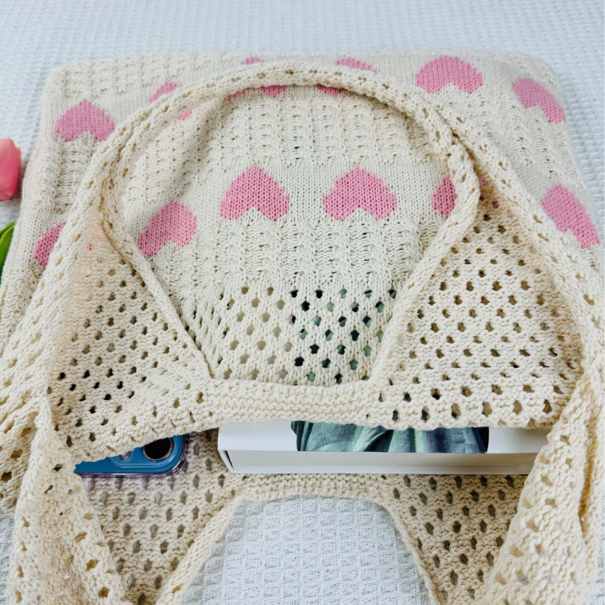 Love Print Crochet Knit Shoulder Bag