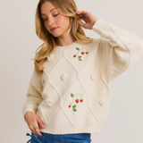 Front view of the Strawberry Embellished Knit Sweater styled with blue denim, highlighting its playful embroidery and diamond pattern design.