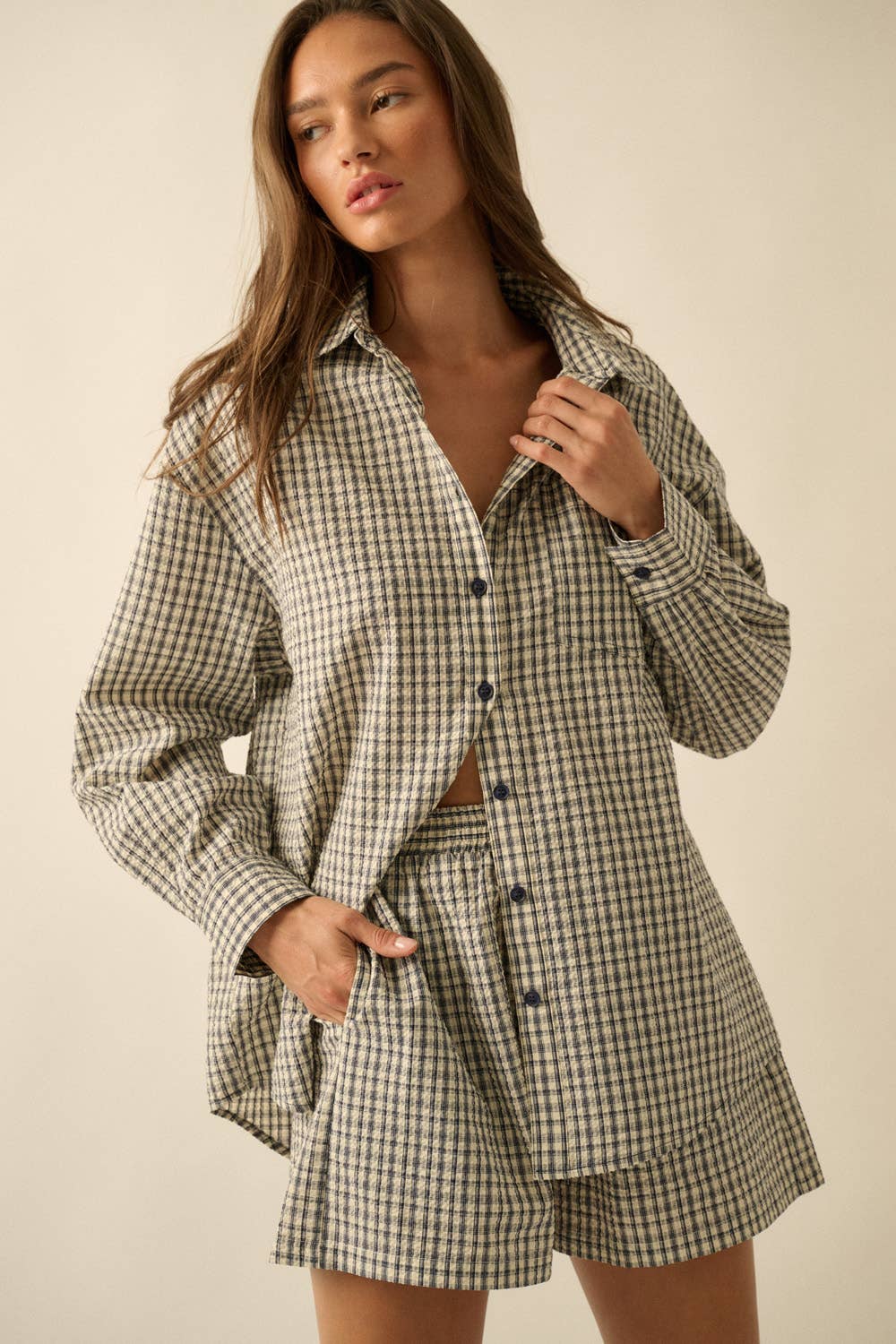 Plaid Textured Seersucker Oversize Button-Up Pocket Shirt
