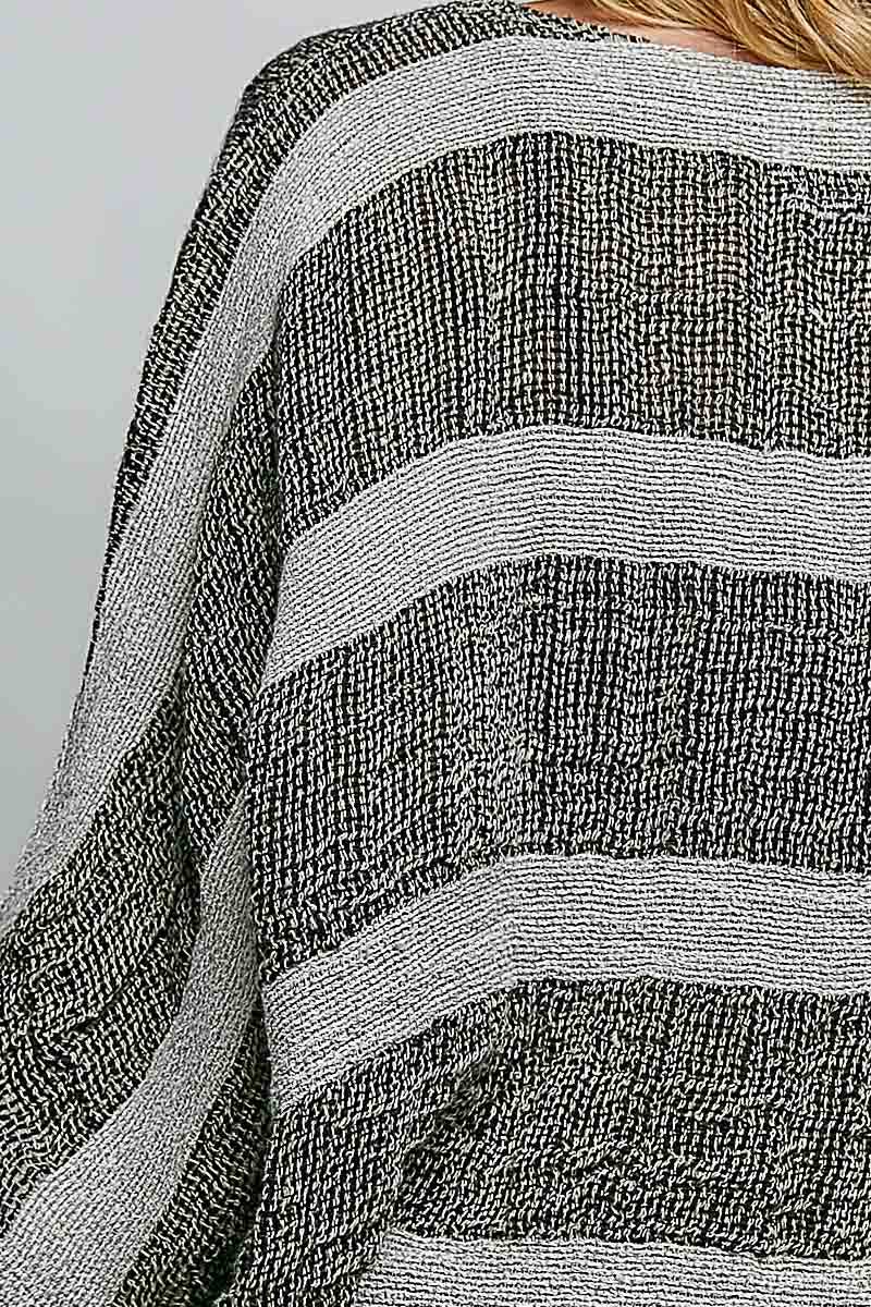 V Neck Short Sleeve Linen Stripe Pattern Woven Top