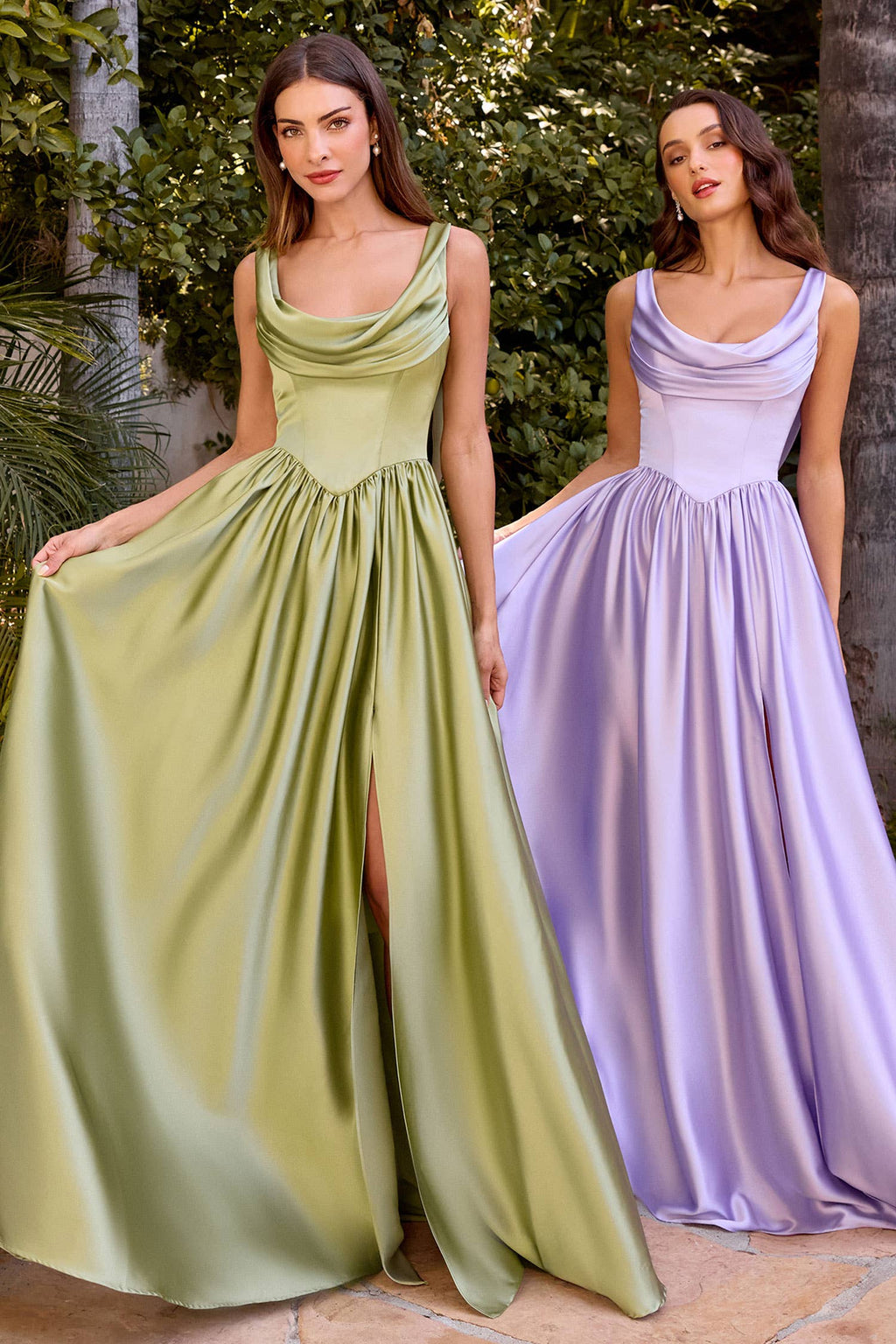 Cowl neckline with wide straps, draped scarf back & leg slit