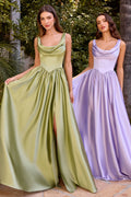Cowl neckline with wide straps, draped scarf back & leg slit