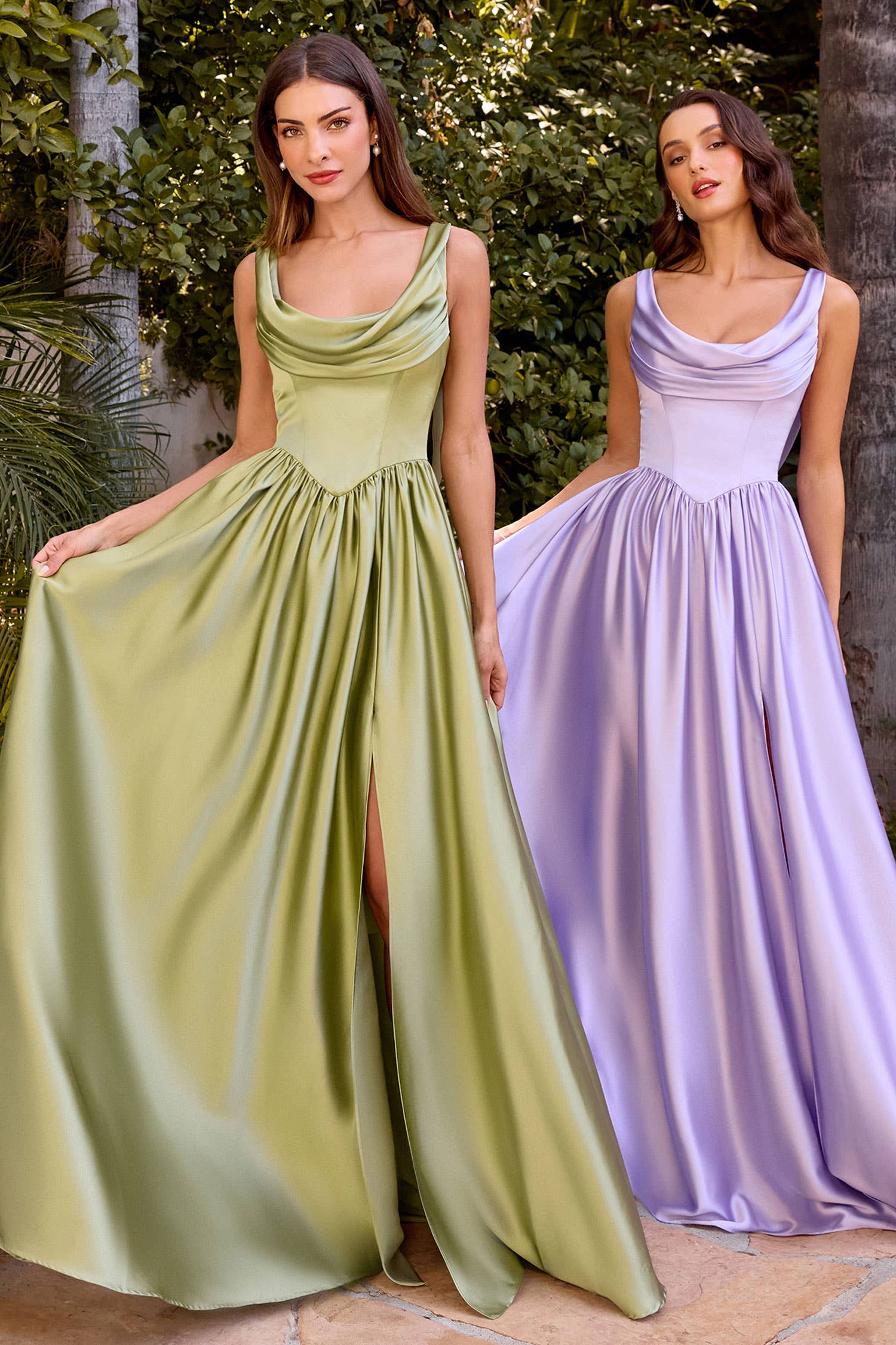 Cowl neckline with wide straps, draped scarf back & leg slit