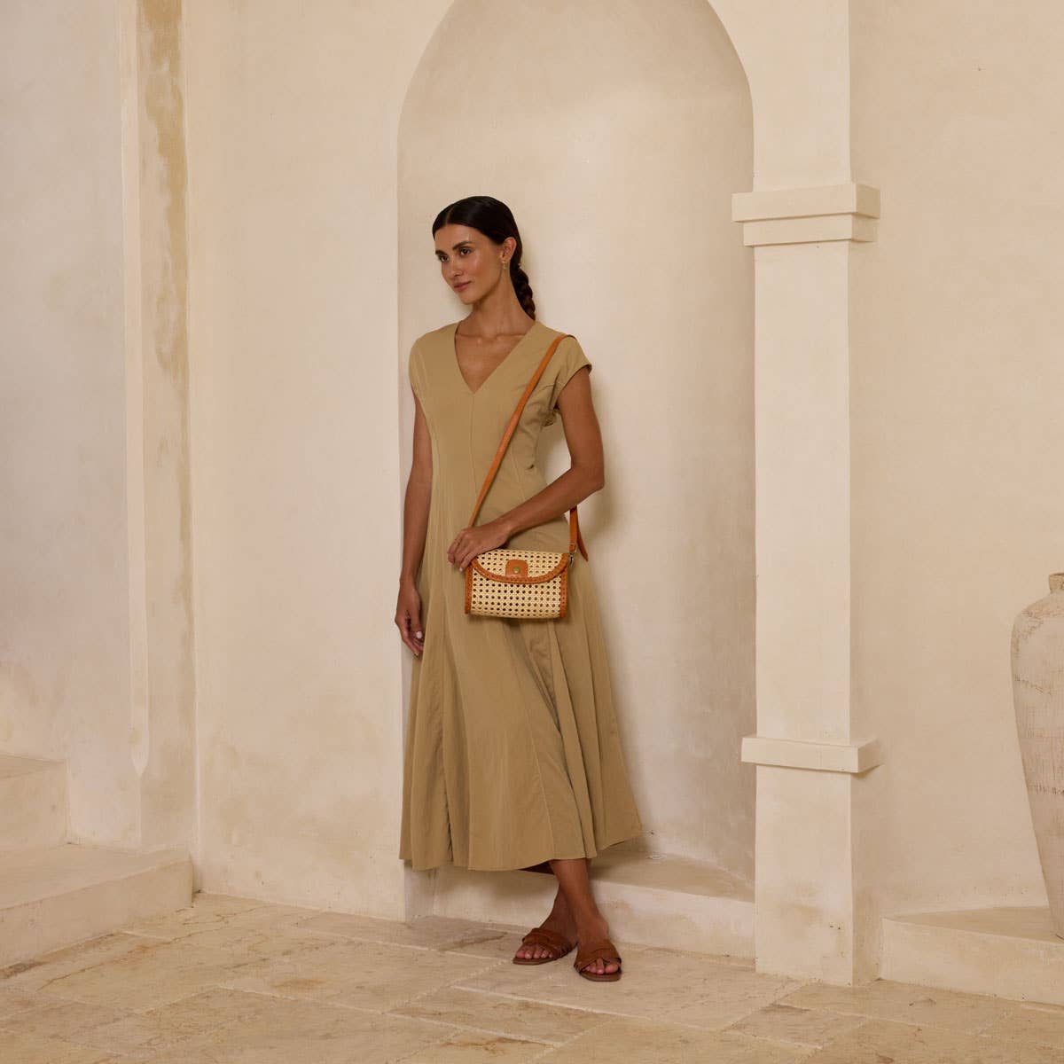 Brown Rattan Clutch with Leather Trim and Crossbody Strap