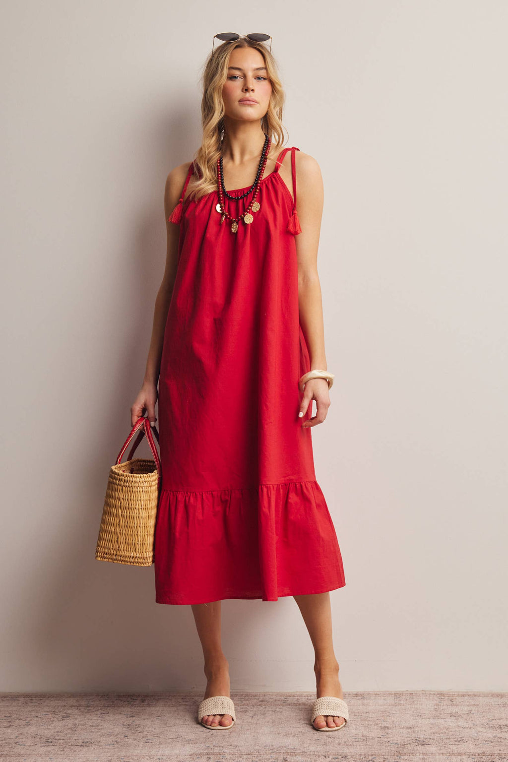 Red Tassel Strap Open-Back Midi Dress