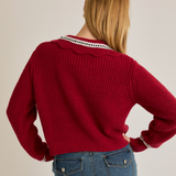 Back view of Scalloped Collar Sweater Cardigan highlighting the scalloped collar and relaxed fit.