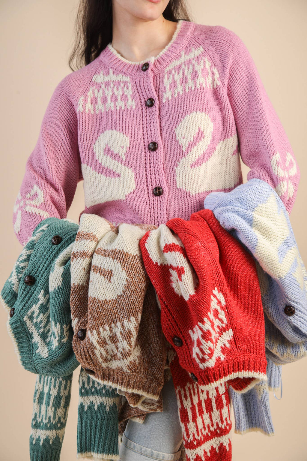 12W3463N-Oversized Graphic Casual Knit Sweater Cardigan