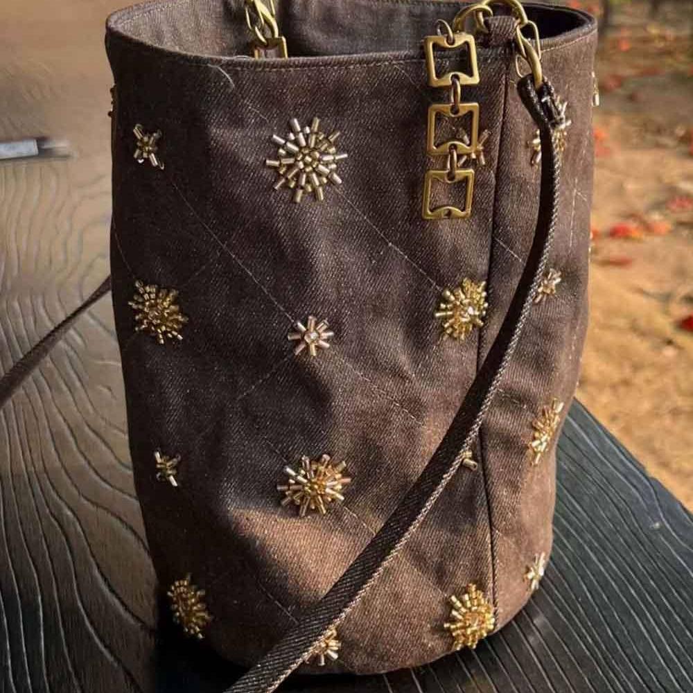 Vintage Studded Denim Shoulder Bucket purse