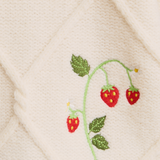 Close-up of Strawberry Embellished Knit Sweater featuring vibrant strawberry embroidery and soft knit texture.